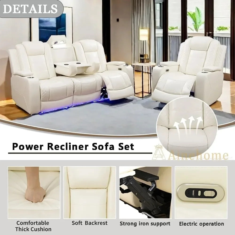 Lamp Post leather power reclining sofa and loveseat set with USB ports, hidden storage console, in khaki color, luxury home sectional.