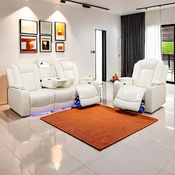 Lamp Post leather power reclining sofa and loveseat set with USB ports, hidden storage, in khaki color, luxurious sectional design.
