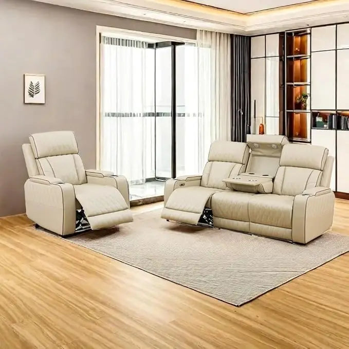 Lamp Post leather sofa and loveseat set with recline, USB ports, hidden storage, in khaki, luxurious sectional home furniture.