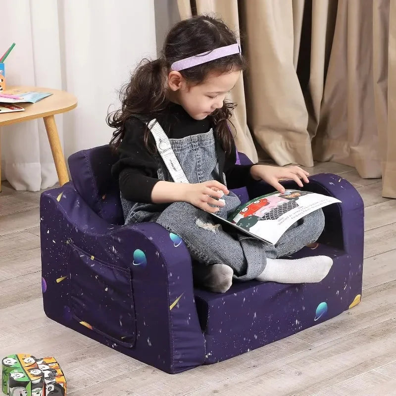 Kids' fold-out sofa bed by Lamp Post, convertible home sofa set with space-themed astronaut design for children.