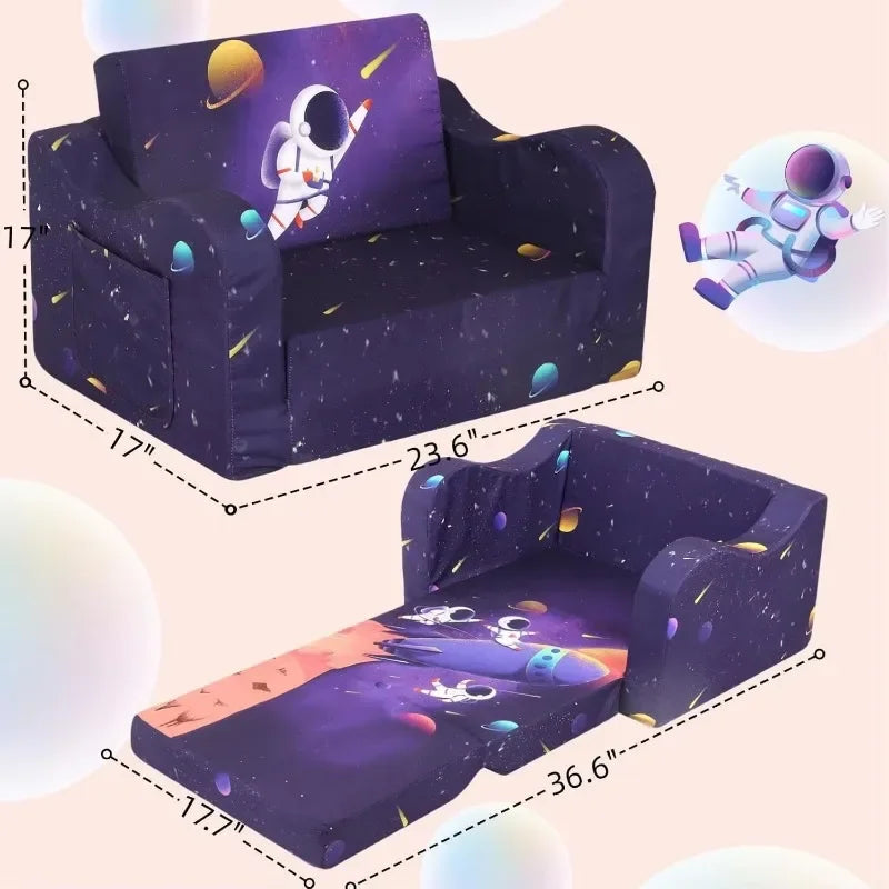 Kids' fold-out sofa bed by Lamp Post, convertible home sofa set featuring an astronaut and United States design for children.