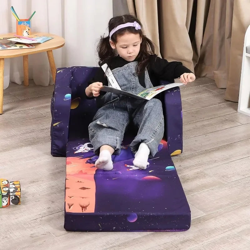 Kids' fold-out sofa bed from Lamp Post featuring an astronaut and United States design, convertible home couch set for children.