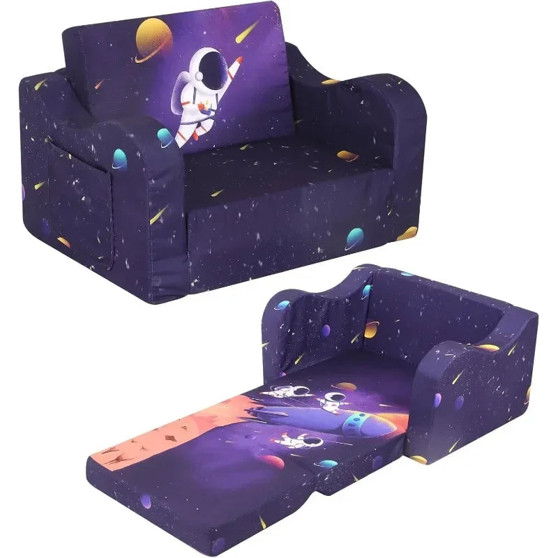 Kids Lamp Post fold-out sofa bed with astronaut and United States design, convertible home sofa set for children.