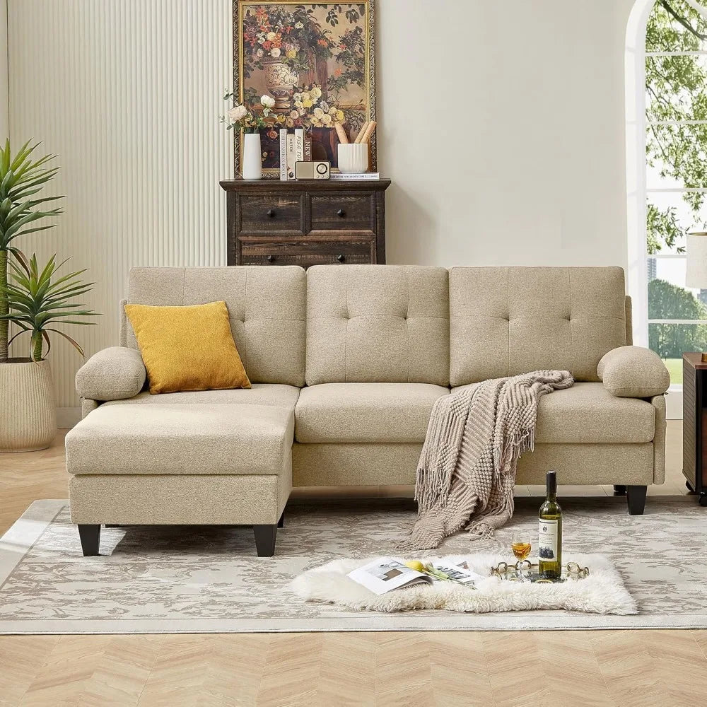 Beige L-shaped convertible sectional sofa by Lamp Post with deep cushions, reversible chaise, and modular design for living room comfort.