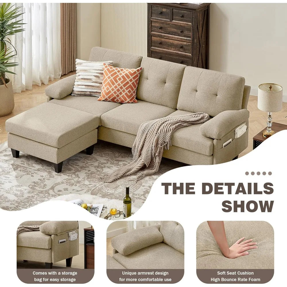 Beige L-shaped convertible sectional sofa from Lamp Post with deep cushions, reversible chaise, and modular design for living room comfort.