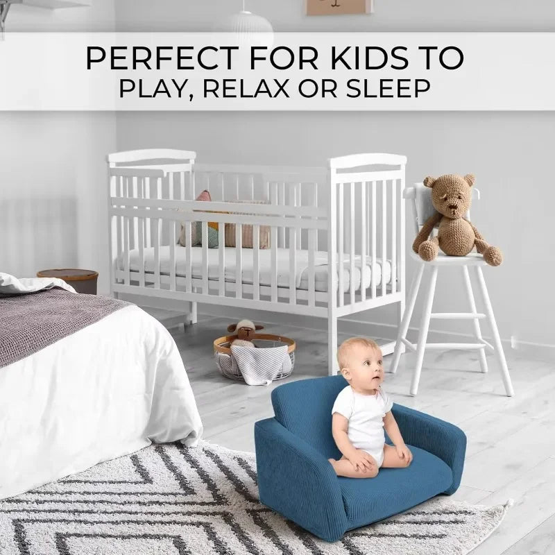 Blue sturdy toddler chair and couch set by Lamp Post, designed for kids, ideal for playrooms and kids' bedrooms.