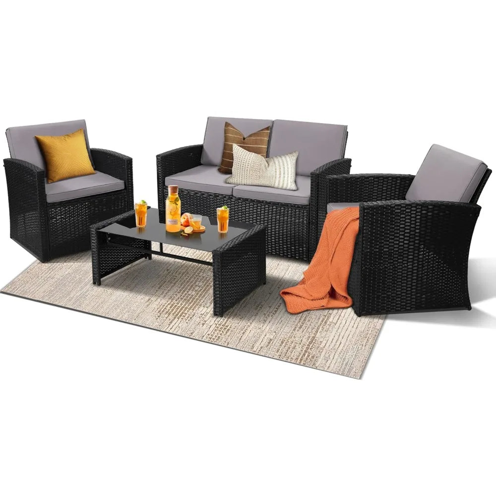 Brown rattan Lamp Post 4-piece patio sofa set with sofa, two chairs, and coffee table for small living room or porch.