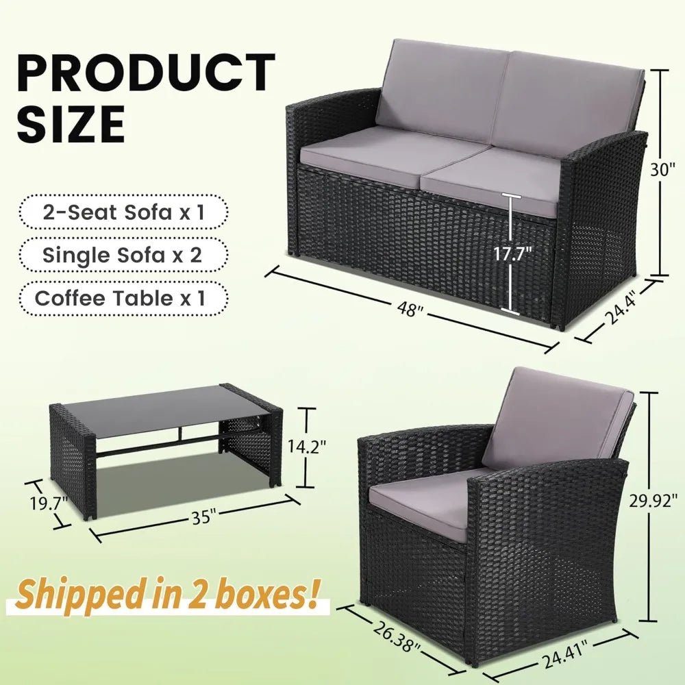 Brown rattan Lamp Post small 4-piece living room sofa set with sofa, 2 chairs, and coffee table for porch or patio.