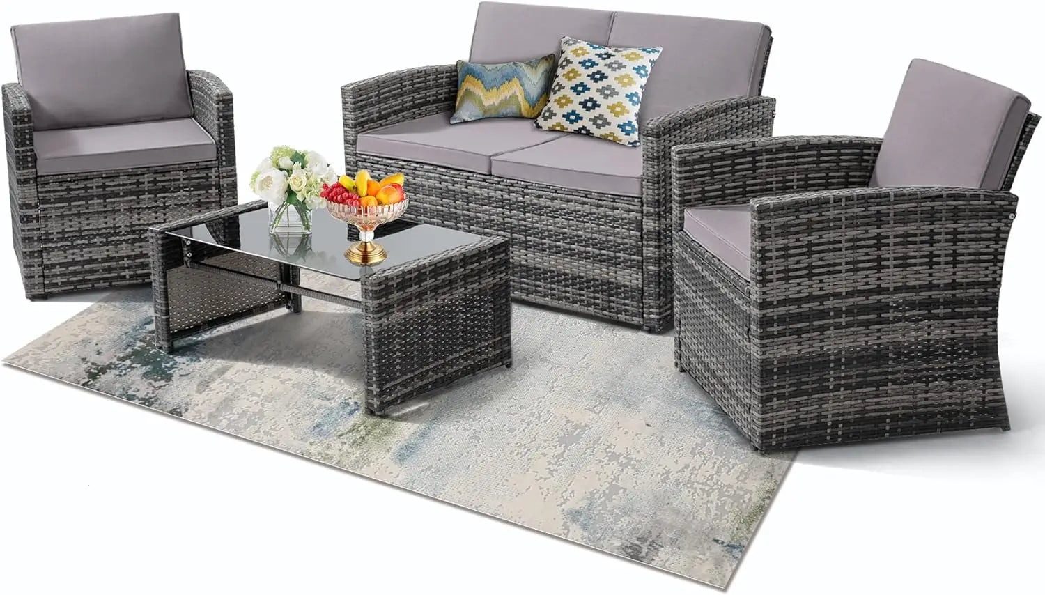 Lamp Post small brown rattan 4-piece home sofa set with sofa, two chairs, and coffee table for porch patio outdoor living.