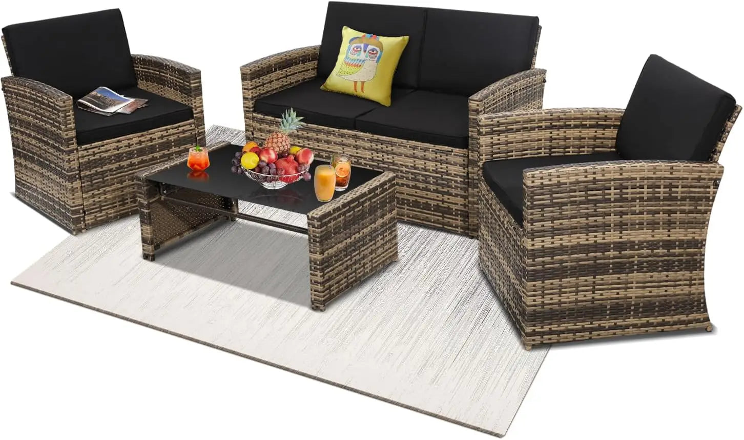 Brown rattan small living room sofa set with sofa, two chairs, and coffee table for porch patio by Lamp Post.