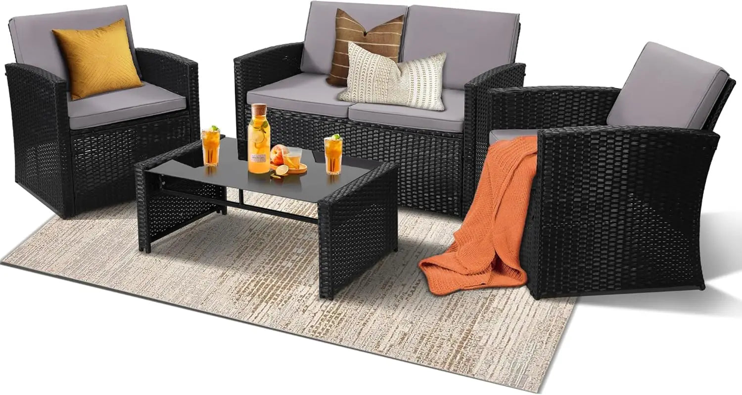 Lamp Post small living room sofa set with brown rattan, includes sofa, two chairs, and coffee table for porch or patio.