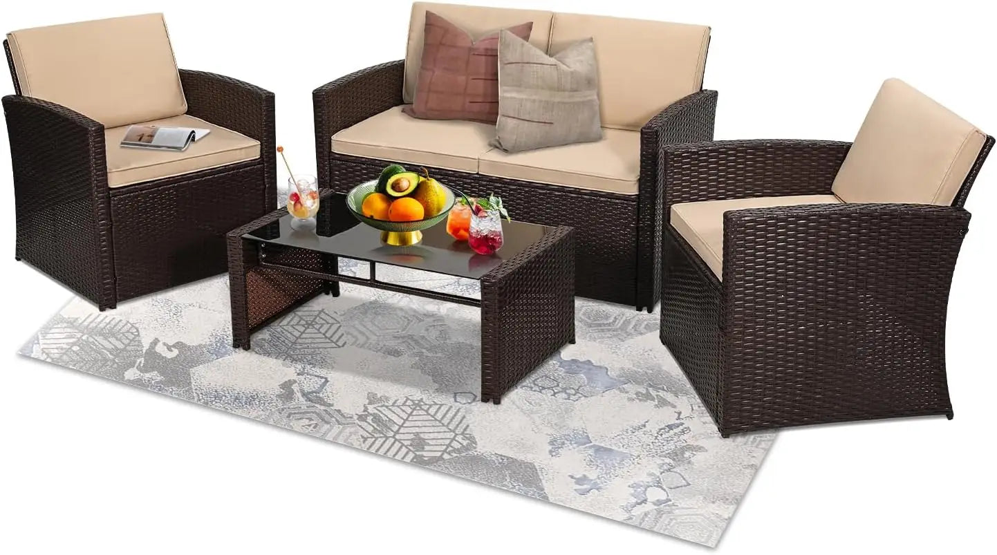 Brown rattan small living room sofa set by Lamp Post with sofa, two chairs, and coffee table for porch or patio.
