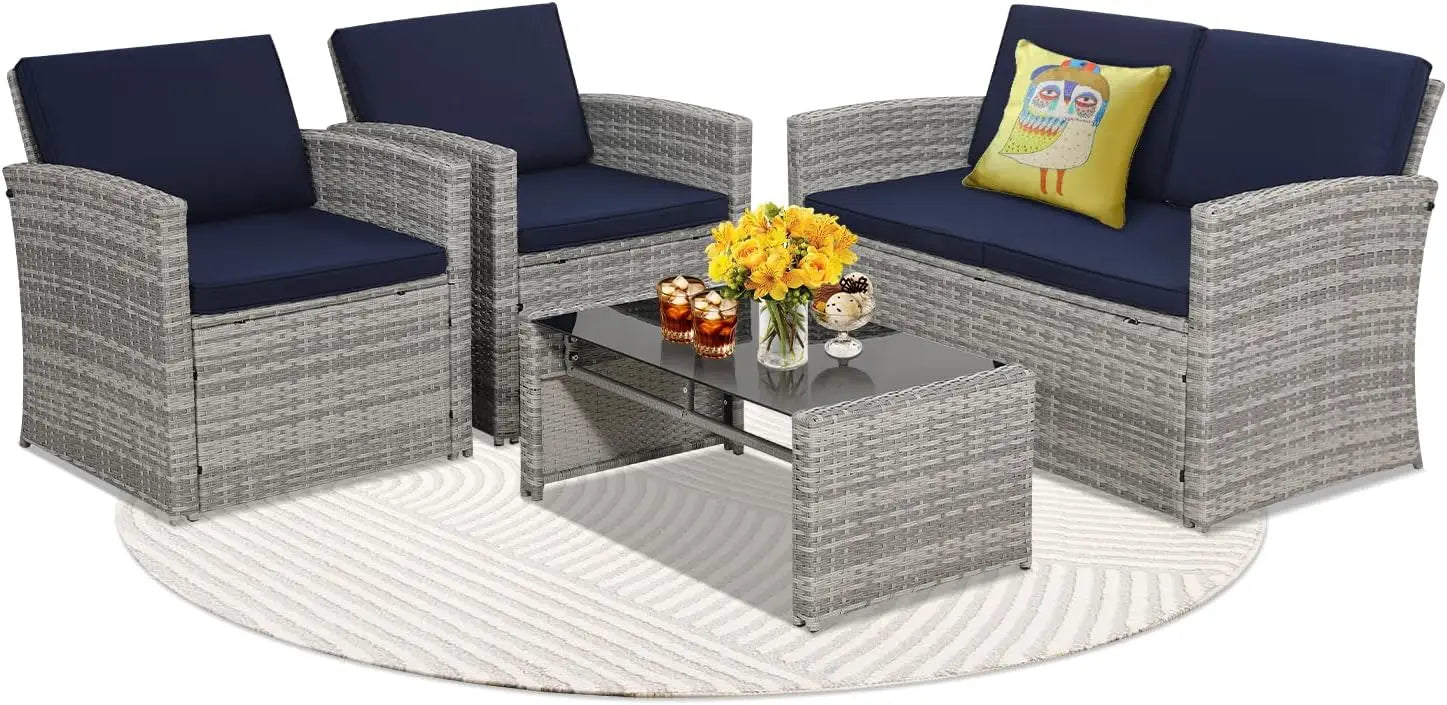 Brown rattan Lamp Post 4-piece small living room patio sofa set with sofa, 2 chairs, and coffee table for porch.