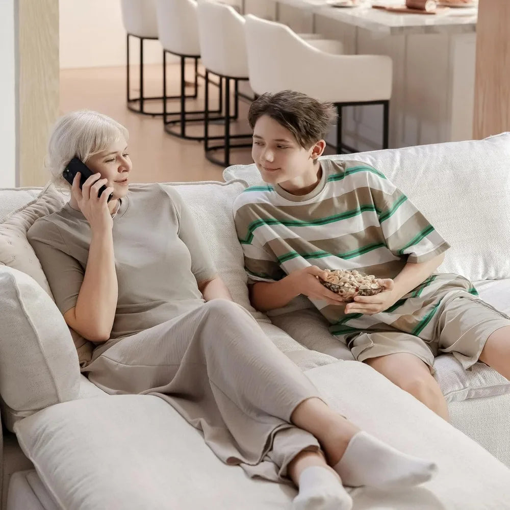 Cream modular down-filled L-shape sectional sofa by Lamp Post, perfect for living room corners and modern home decor.