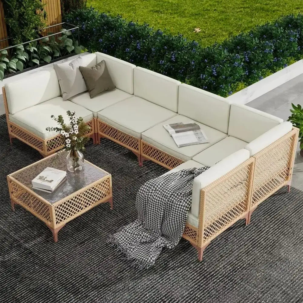 Cream 7-piece outdoor patio sofa set by Lamp Post, includes sectional furniture for family rooms and outdoor relaxation.