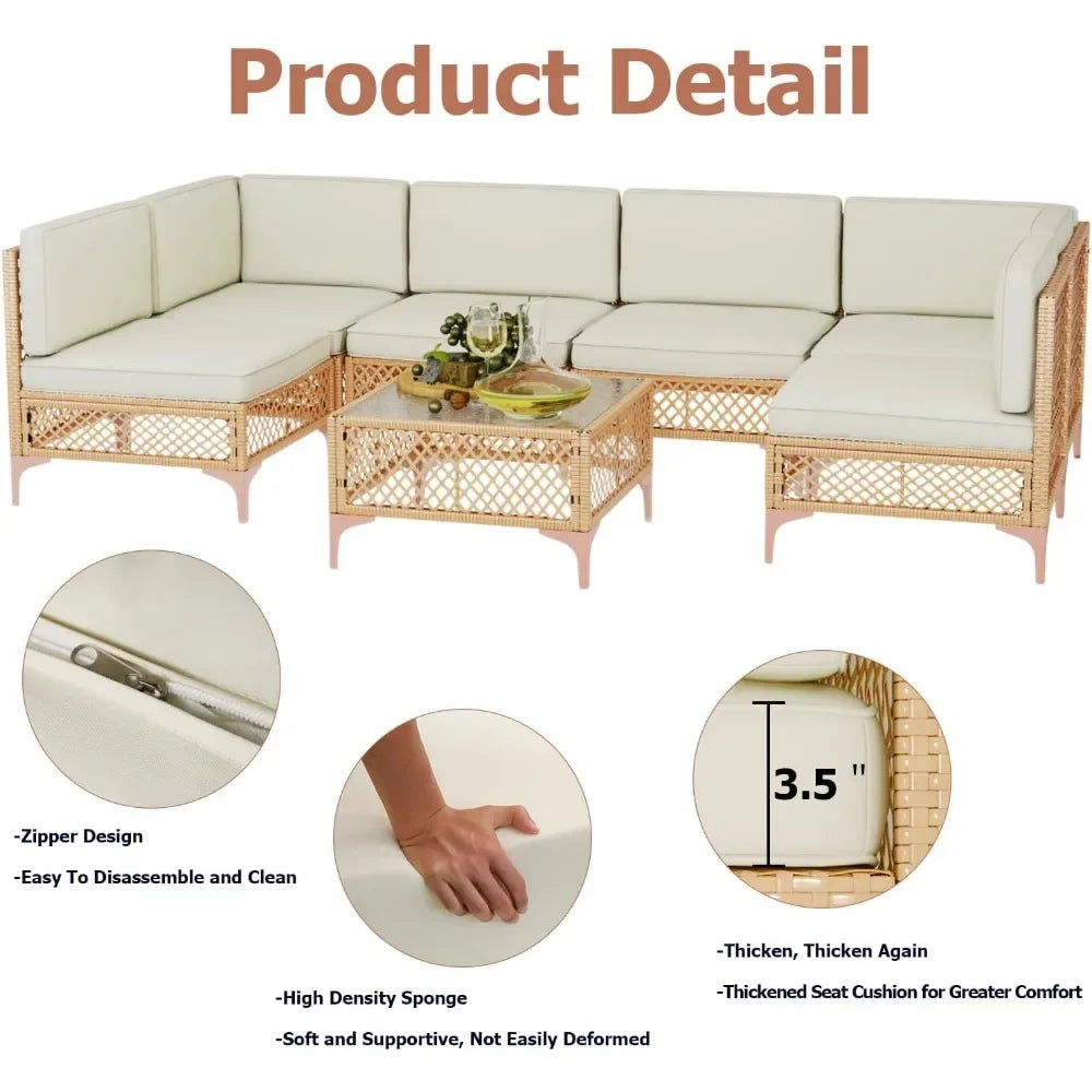 Cream outdoor patio furniture set by Lamp Post, 7-piece sectional sofa for family rooms and outdoor relaxing spaces.