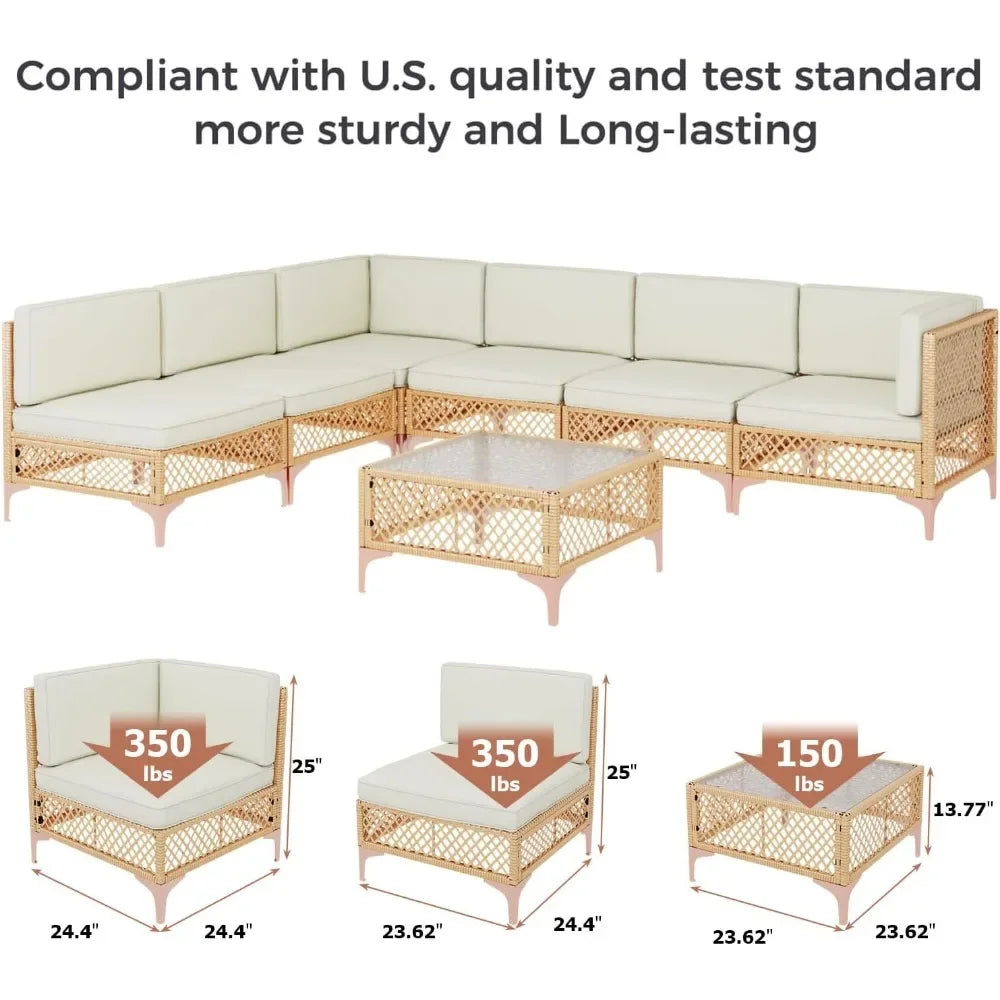 Cream 7-piece outdoor patio sofa set by Lamp Post, includes sectional furniture perfect for family rooms and outdoor entertaining.