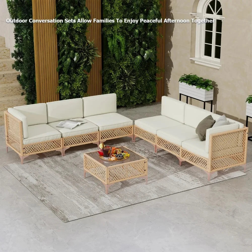 Cream 7-piece outdoor patio sofa set by Lamp Post, includes sectional furniture for family room and outdoor lounging.