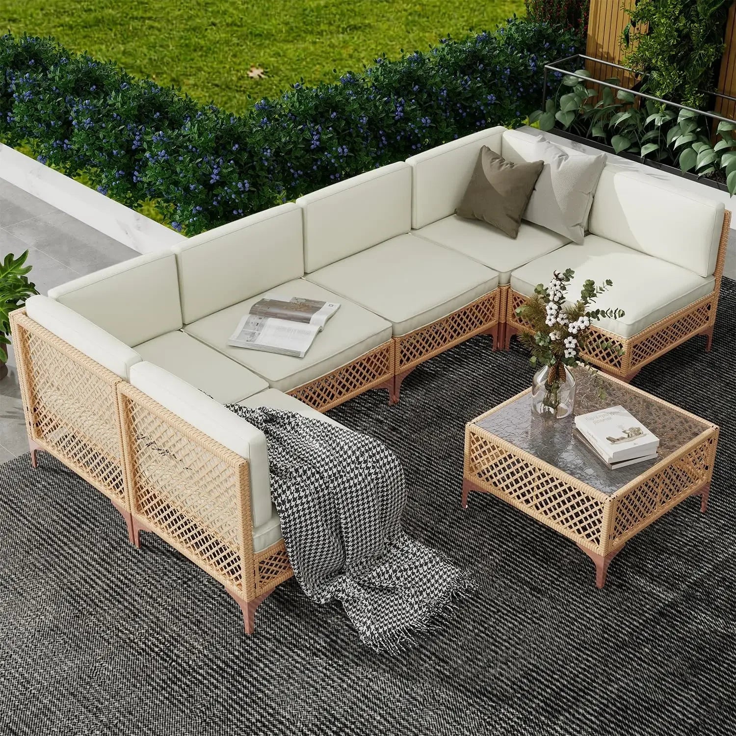 Cream 7-piece outdoor patio sofa set by Lamp Post, includes sectional furniture perfect for family rooms and outdoor gatherings.