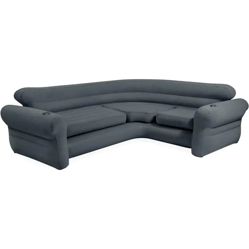 Grey L-shaped inflatable indoor sofa set by Lamp Post, comfortable living room home sofa with plush cushions and modern design.