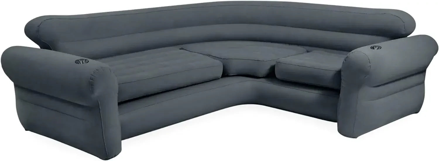 Grey L-shaped inflatable indoor couch from Lamp Post, versatile home sofa set for living room comfort and relaxation.