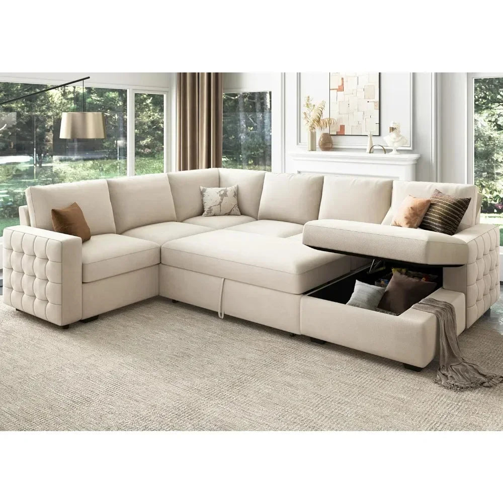 Light grey modern velvet U-shape sectional sofa by Lamp Post with pull-out bed and hidden storage for living room comfort.