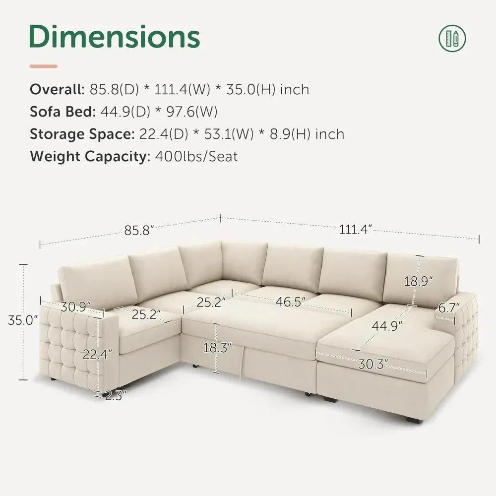 Light grey velvet U-shape sectional sofa by Lamp Post with pull-out bed and hidden storage, ideal for modern living rooms.