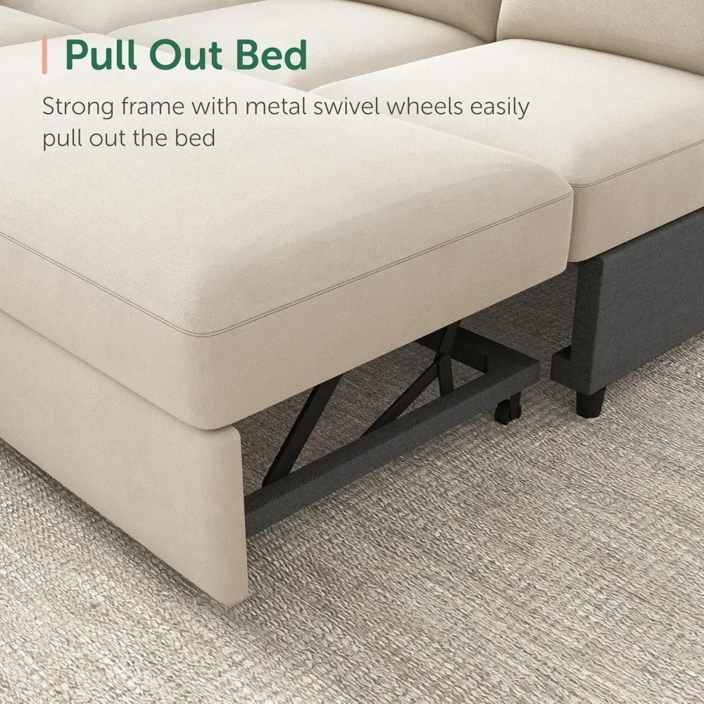 Light grey modern velvet U-shape sectional sofa with pull-out bed and hidden storage, ideal for living room comfort and style.