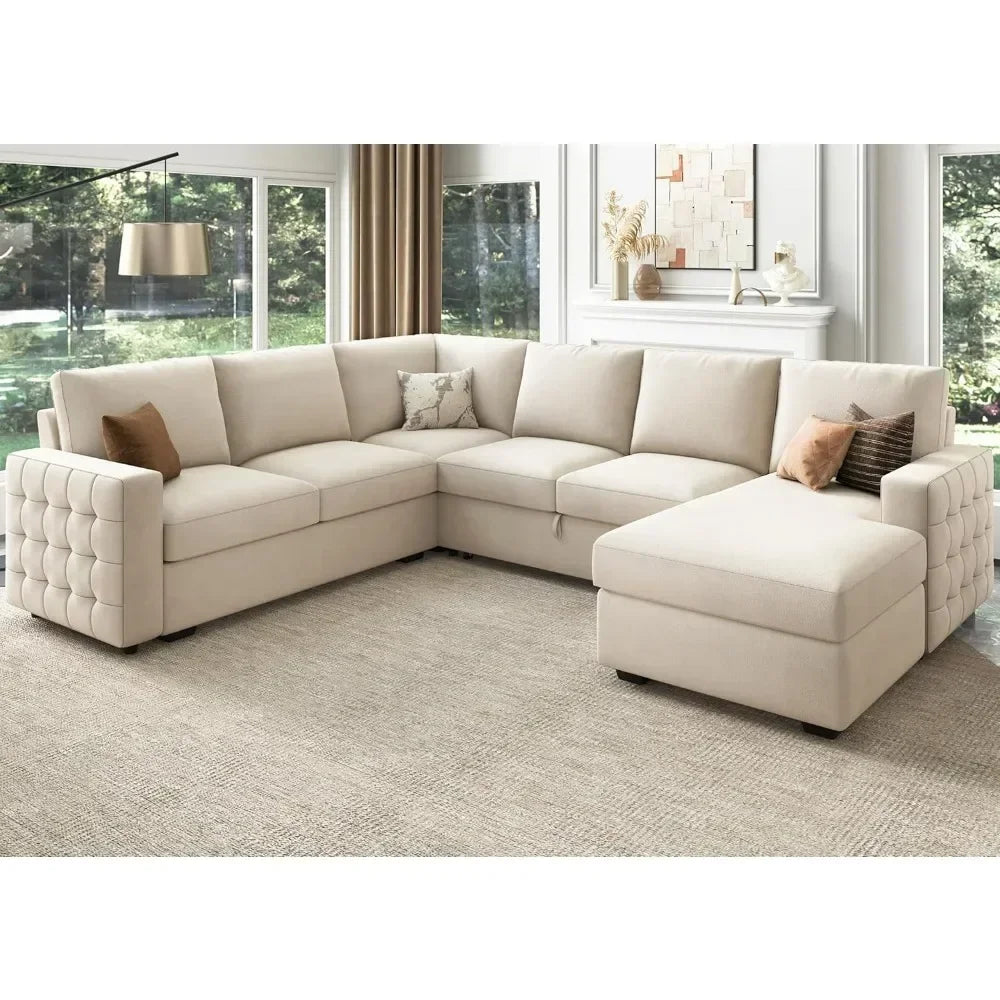 Light grey modern velvet U-shape sectional sofa with pull-out bed and hidden storage, ideal for living rooms.