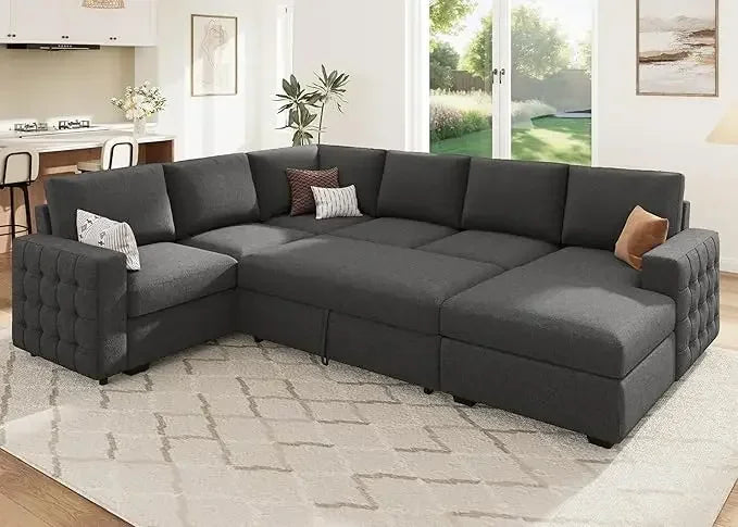 Light grey modern velvet U-shape sectional sofa with pull-out bed and hidden storage, ideal for living room comfort and style.