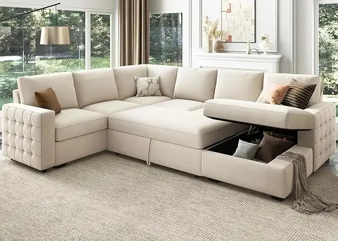Light grey modern velvet U-shape sectional sofa with pull-out bed and hidden storage, ideal for living room comfort and style.