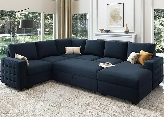 Light grey modern velvet U-shape sectional sofa with pull-out bed and hidden storage, ideal for living room comfort and style.