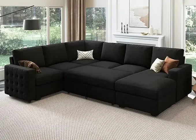 Light grey modern velvet U-shape sectional sofa with pull-out bed and hidden storage, perfect for a contemporary living room.