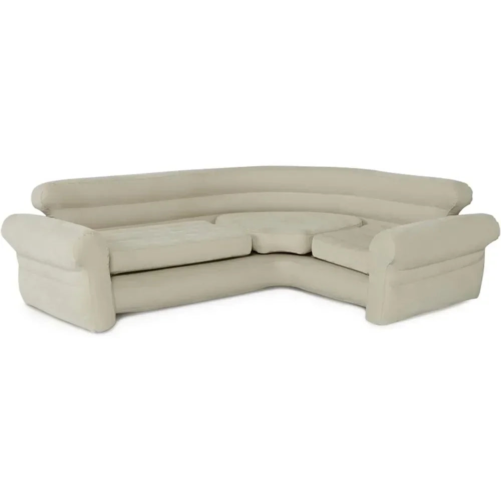 Tan inflatable L-shaped corner sofa from Lamp Post, ideal for living room, featuring plush cushions and modern design.