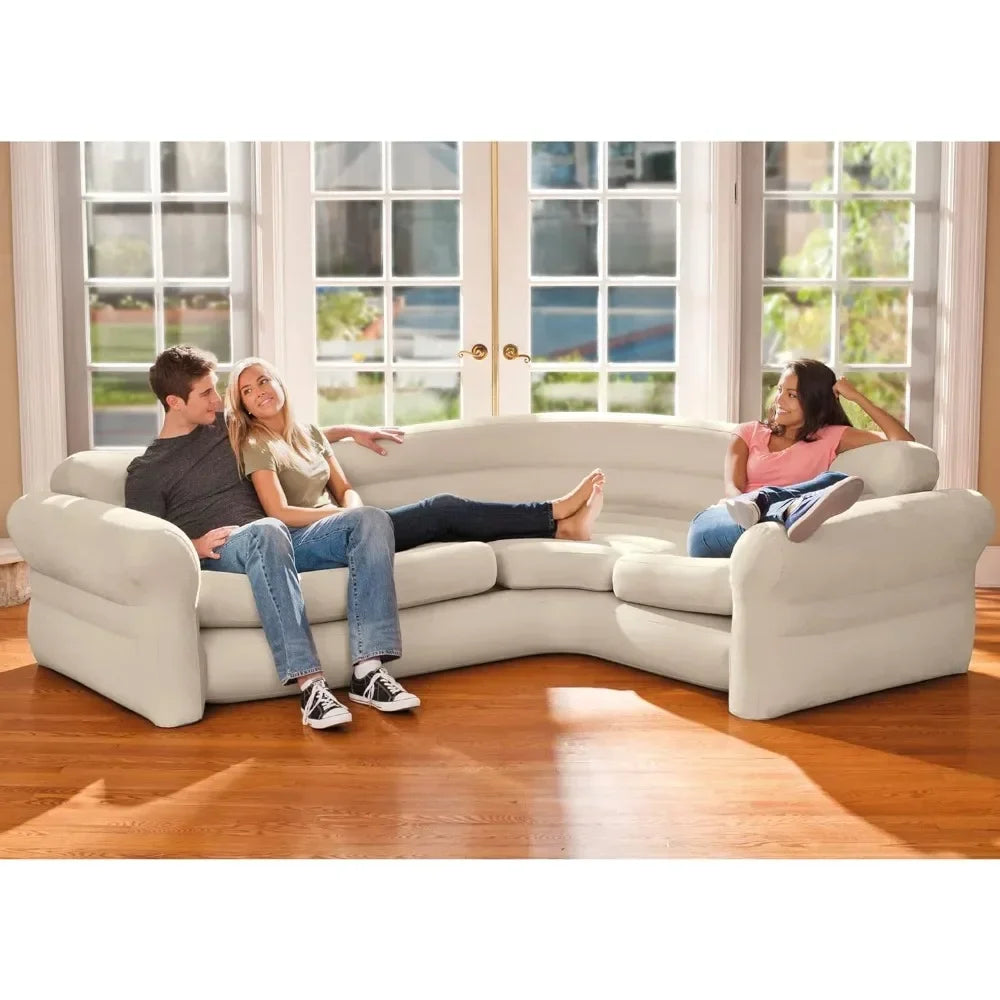 Tan inflatable living room sectional sofa set by Lamp Post, featuring a comfortable air mattress design for versatile home seating.