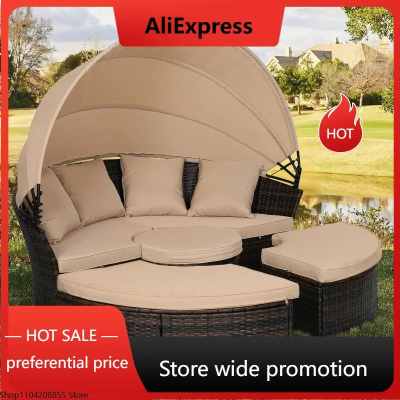 Lamp Post outdoor sectional sofa set with retractable canopy, round design, 5-piece patio furniture for outdoor seating.