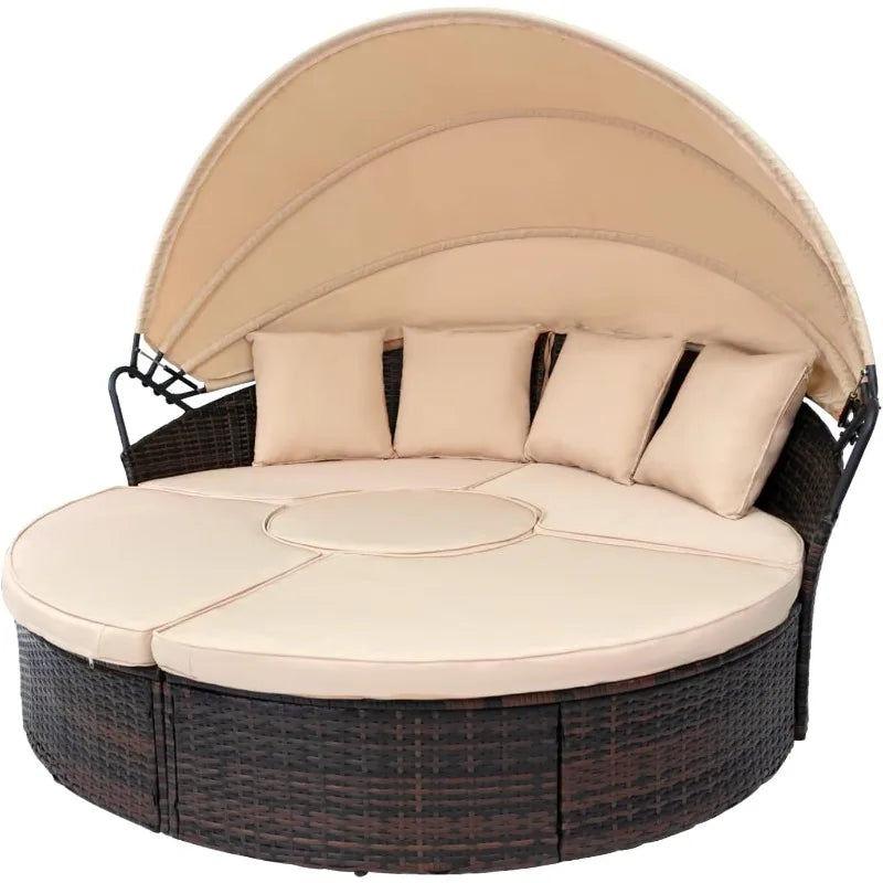 Lamp Post outdoor sectional sofa set with retractable canopy, round design, five-piece home furniture for outdoor seating.