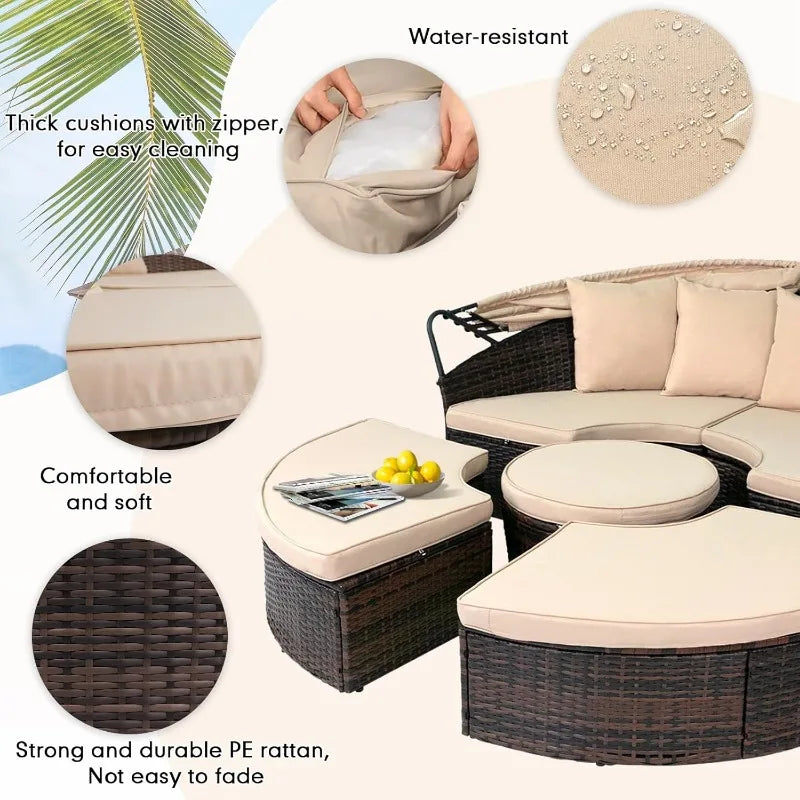 Outdoor sectional round sofa set with retractable canopy, five-piece home furniture by Lamp Post for comfortable outdoor seating.