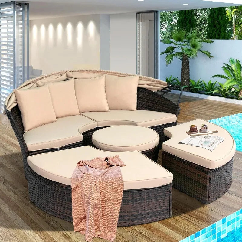 Outdoor sectional round sofa set by Lamp Post with retractable canopy, includes five stylish seating pieces for outdoor relaxation.