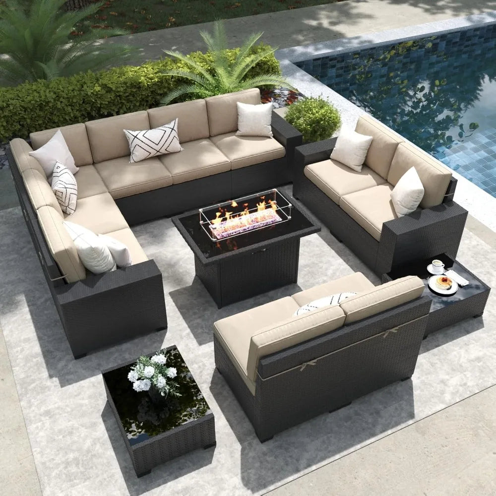 Lamp Post 13-piece outdoor sectional sofa set with fire pit table, weather-resistant patio furniture for outdoor conversation and relaxation.