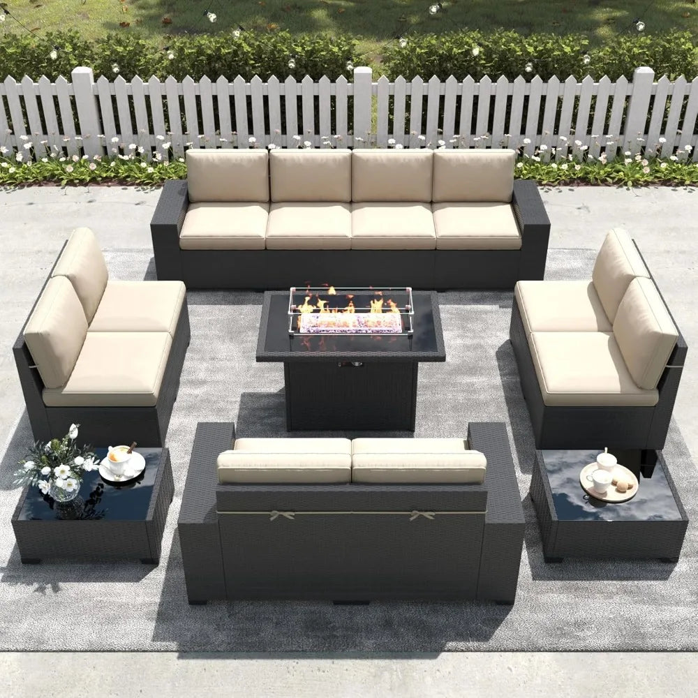 Lamp Post outdoor sectional sofa set with 13 pieces, weather-resistant patio furniture and 44-inch fire pit table for outdoor seating.