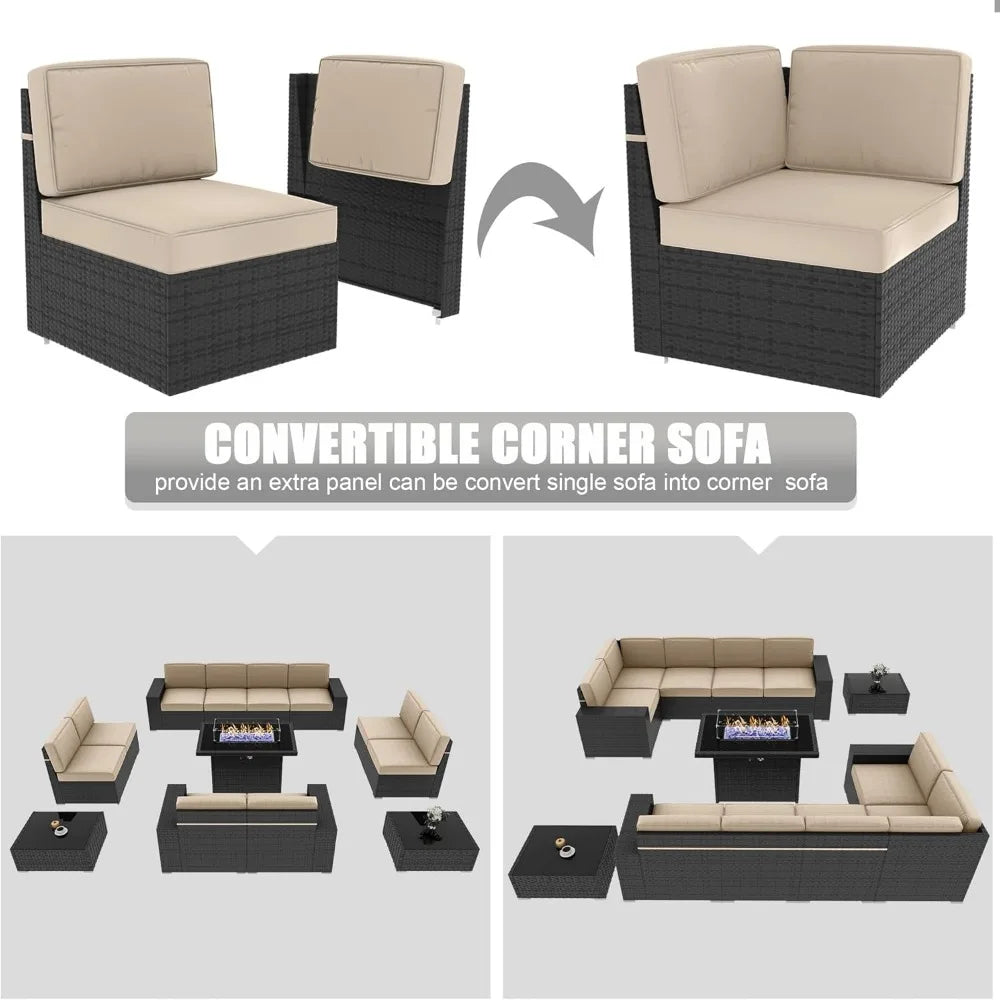 Lamp Post outdoor sectional sofa set with 13 pieces, fire pit table, weather-resistant patio furniture for outdoor living spaces.
