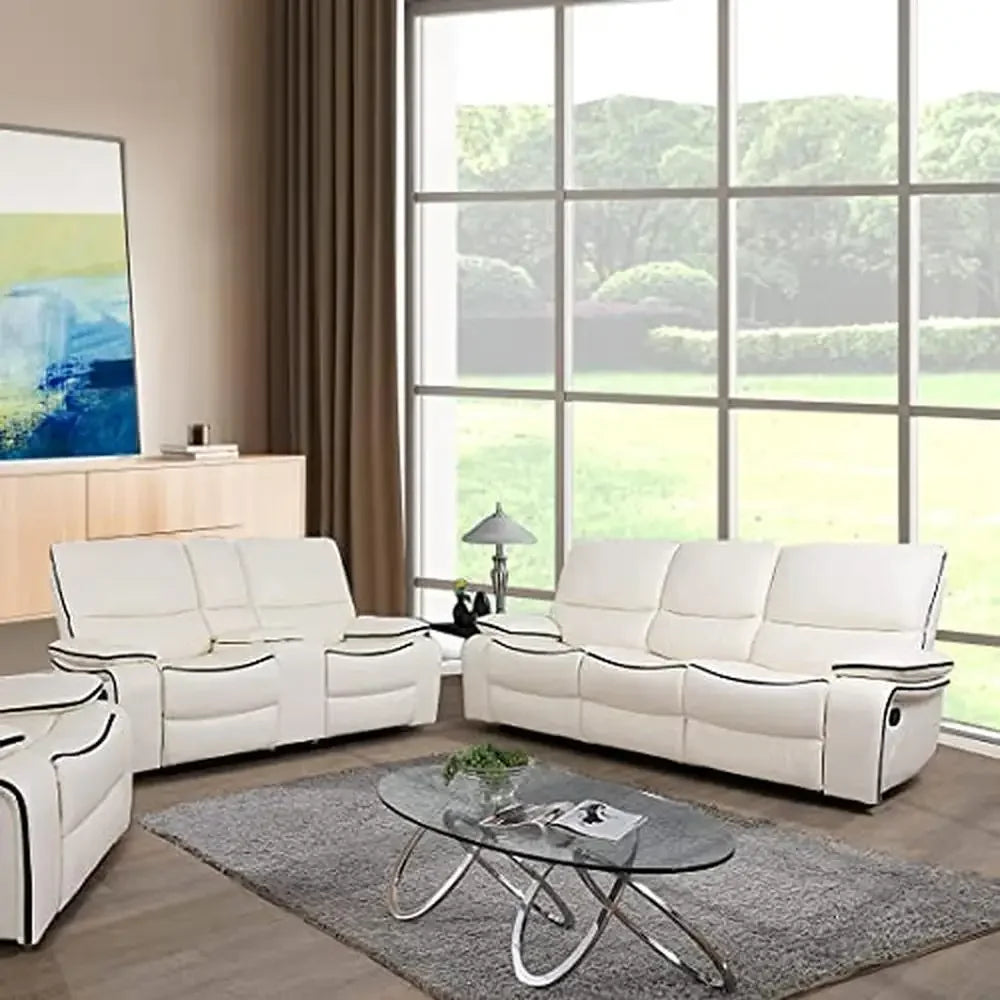 White faux leather recliner loveseat from Lamp Post, featuring a solid wood frame and easy-clean armrests in a stylish, durable home sofa set.