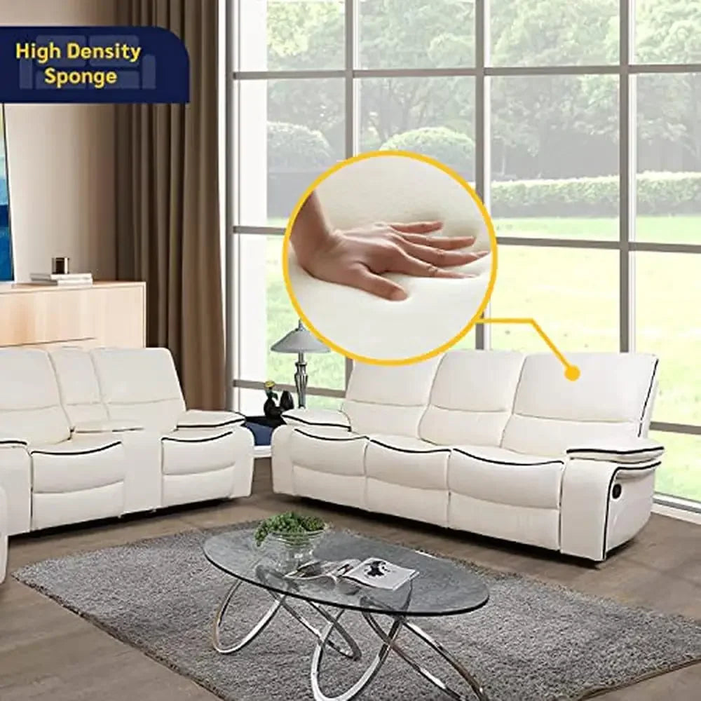 White faux leather recliner loveseat from Lamp Post, with solid wood frame and easy-clean armrests, stylish durable home sofa set.
