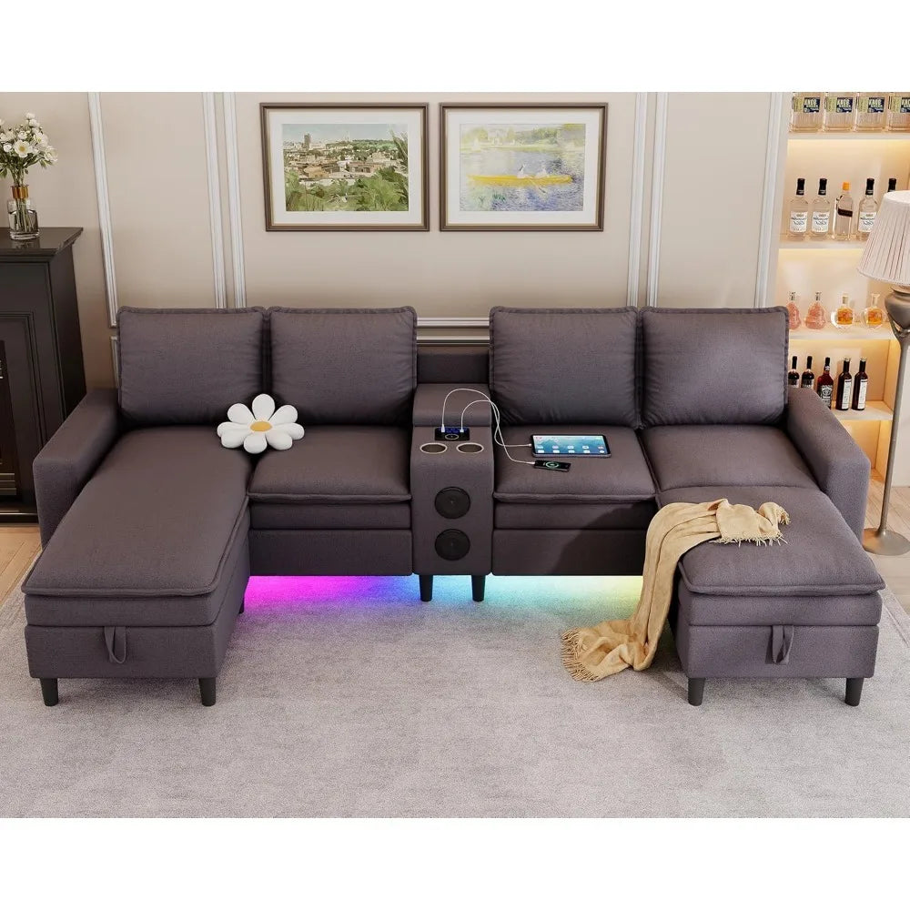 Lamp Post 4-seat sectional sofa with Bluetooth, RGB lighting, charging station, and wireless speaker in modern yellow living room setting.