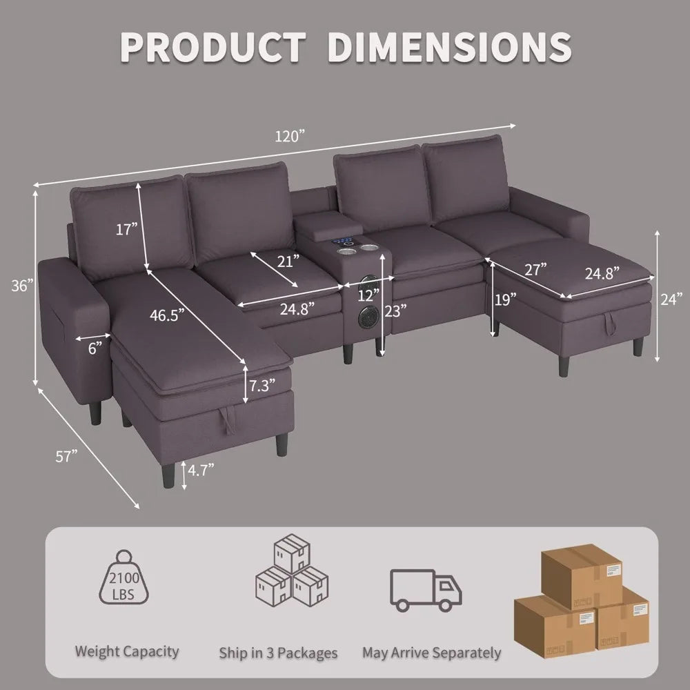 Yellow Lamp Post 4-seat sectional sofa with Bluetooth, RGB lights, charging station, and wireless speaker for modern living rooms.