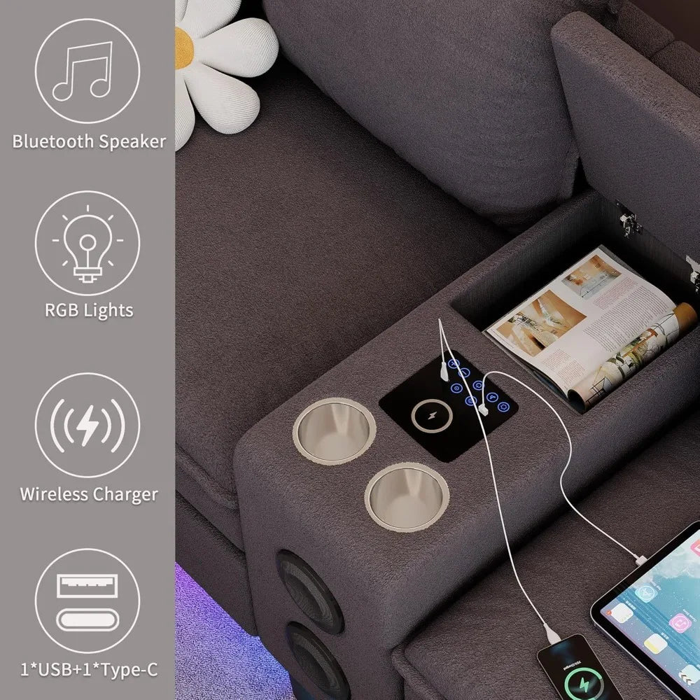Yellow Bluetooth and RGB light 4-seat sectional sofa by Lamp Post with built-in charging station and wireless speaker in a modern living room setting.
