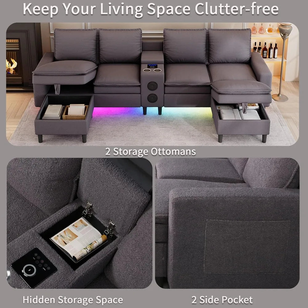 Yellow Lamp Post Bluetooth & RGB Light 4-seat sectional sofa with charging station and wireless speaker for modern living rooms.