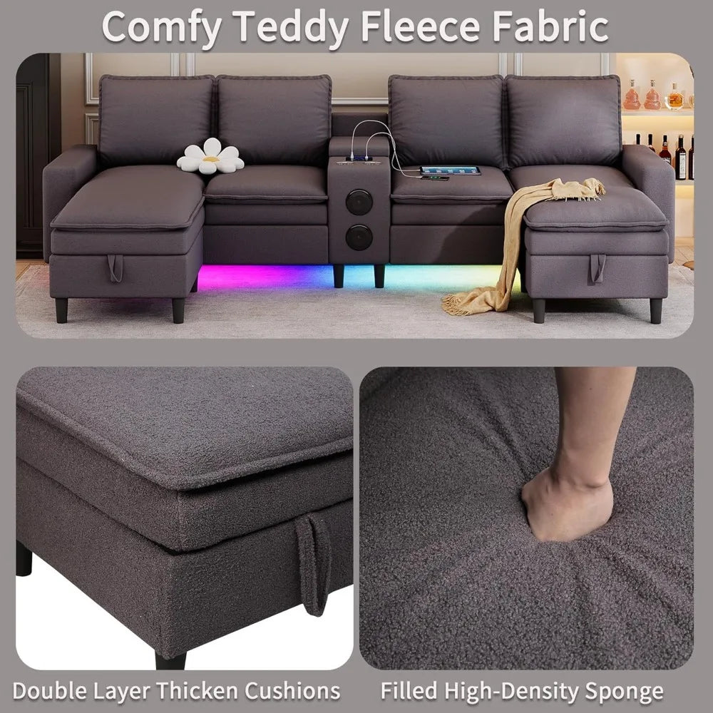 Lamp Post 4-seat sectional sofa with Bluetooth, RGB lights, charging station, and wireless speaker in a modern living room setting.