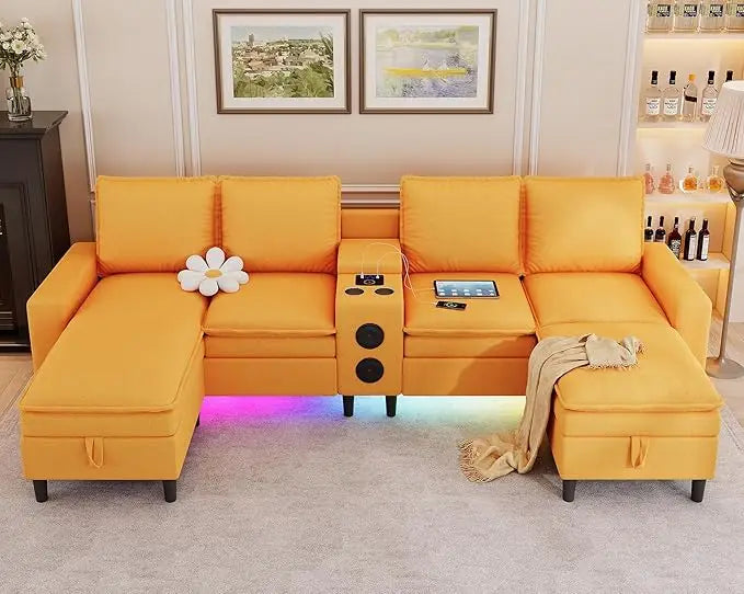 Yellow Bluetooth and RGB light 4-seat sectional sofa by Lamp Post, modern home living room couch with charging station and wireless speaker.